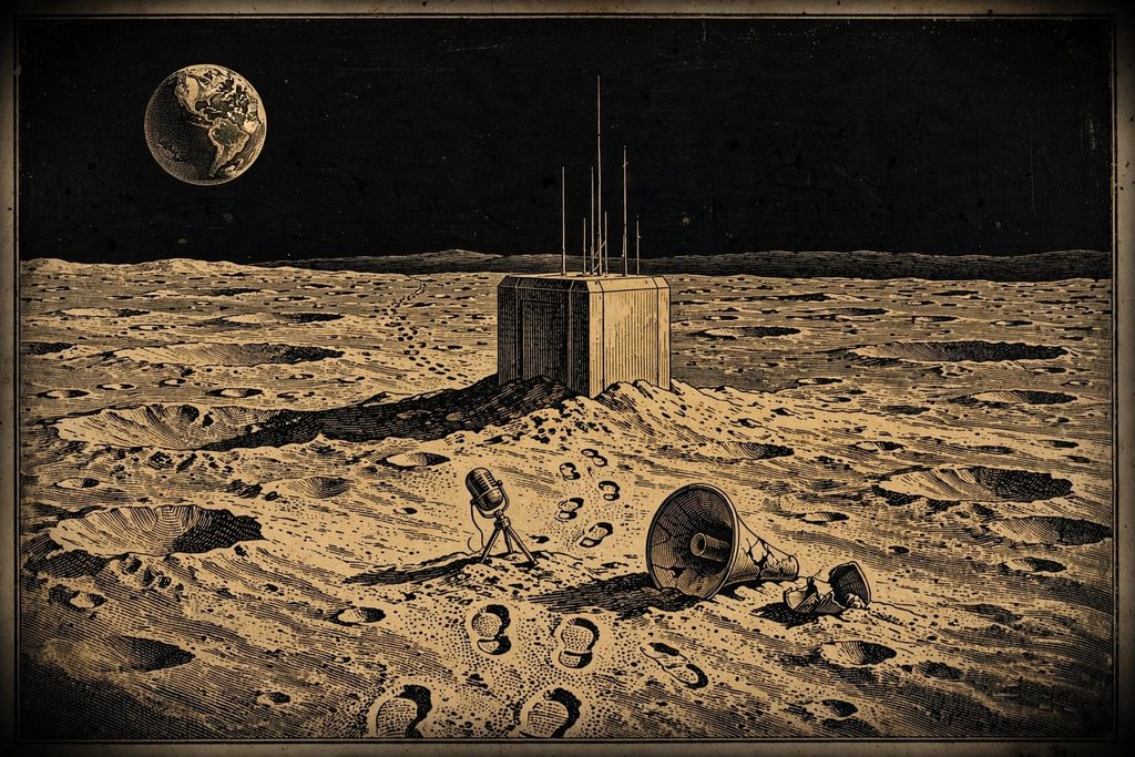 Gold engraving of a lone sealed structure with thin antennas on the empty surface of the Moon, with the Earth in the sky and an abandoned microphone in the dust.
