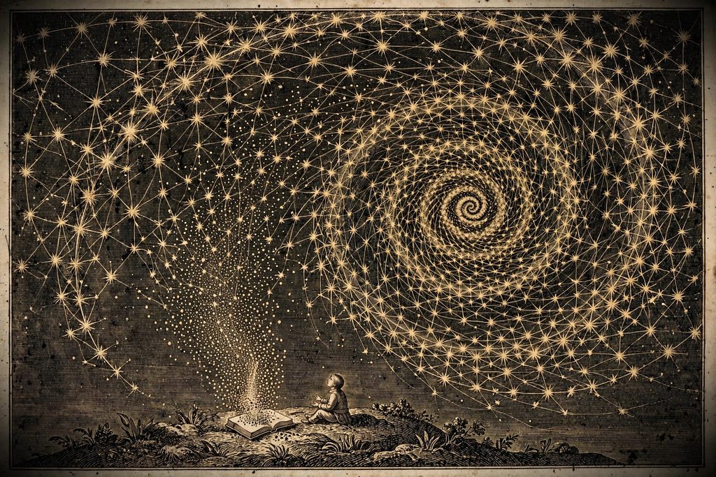Gold engraving of a lone figure on a grassy hill beneath a vast web of connected star-like points, as the blank pages of an open book dissolve into specks rising to join it.