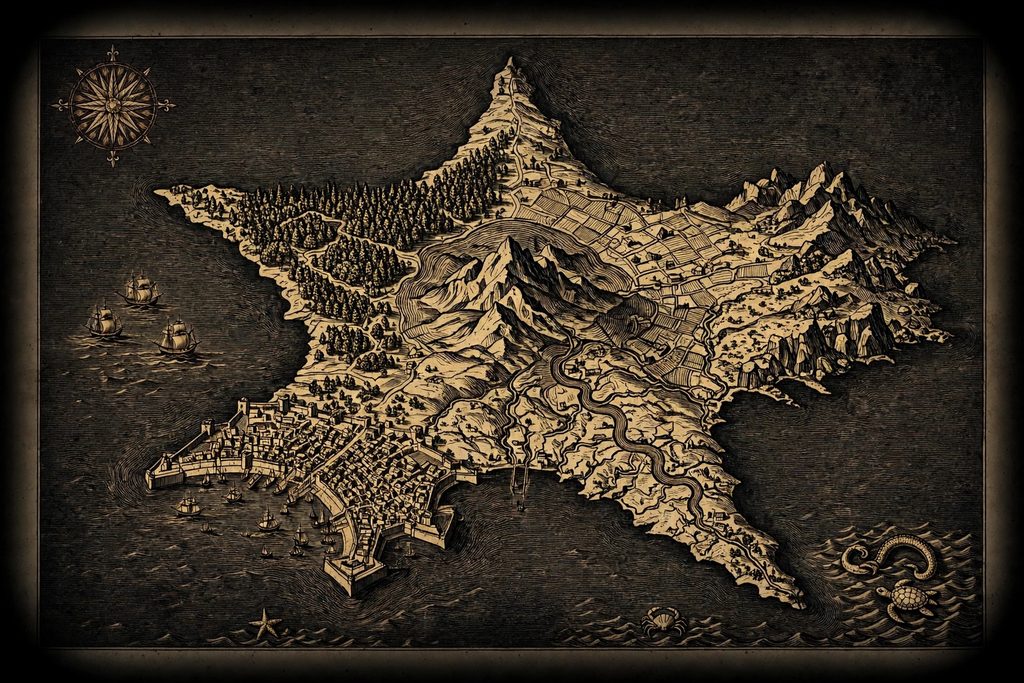 Gold engraving of a star-shaped island with five peninsulas of forest, farmland and harbour cities around a central mountain, drawn like an old sea chart.