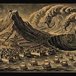 Gold engraving of a towering wave curling over an island kingdom with harbours and a sacred mountain, as nine sailing ships flee eastward across the foreground.