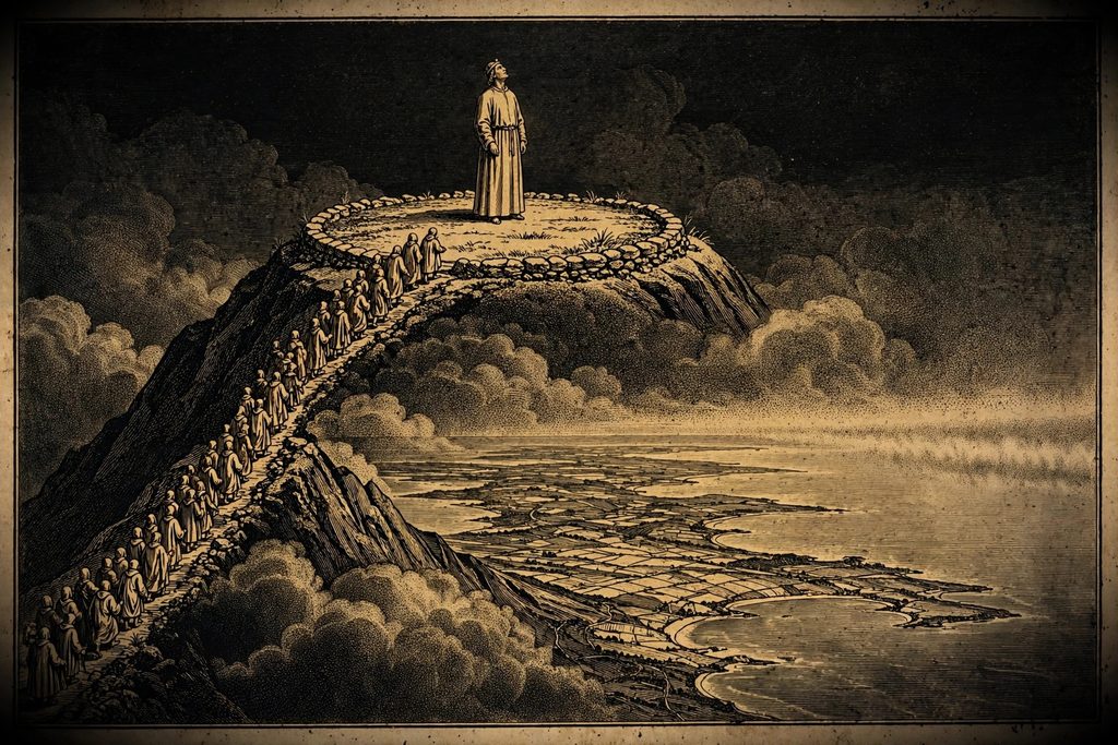 Gold engraving of a king praying alone on a bare mountain summit above the clouds, while a silent procession climbs the path below and the western sea fades into mist.