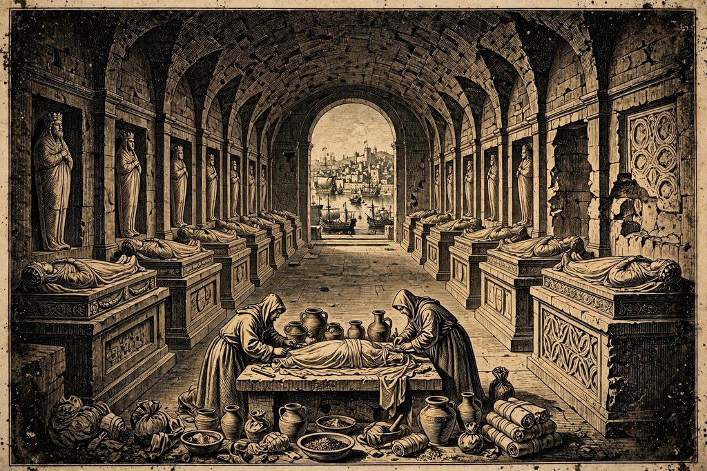 Gold engraving of a royal hall of tombs with carved effigies of kings, where embalmers prepare a shrouded body, and warships crowd the harbour seen through the window.