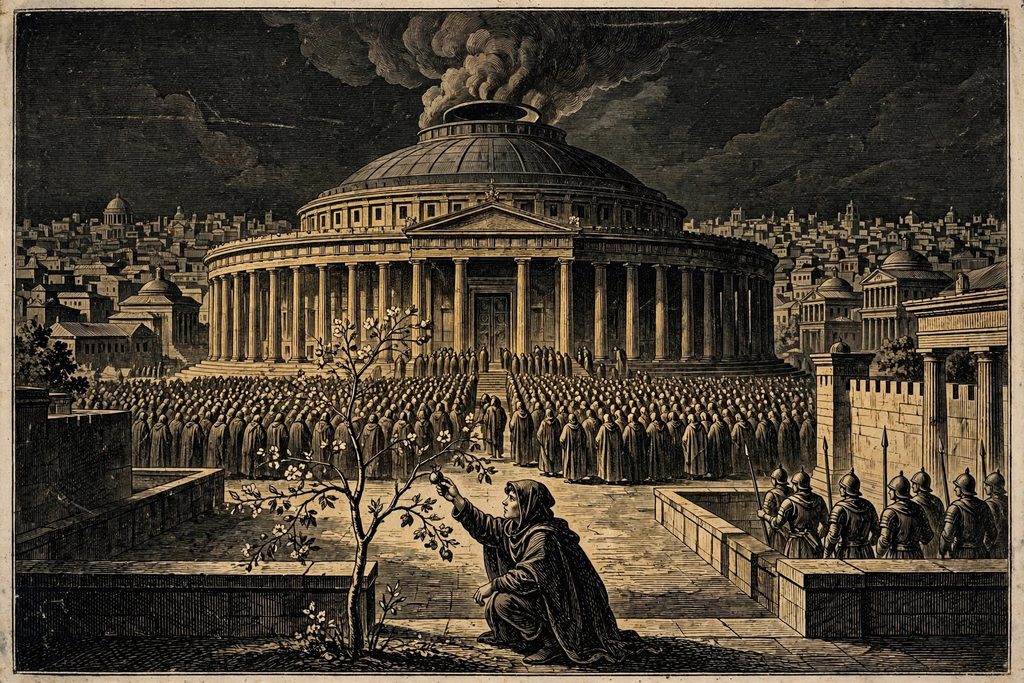 Gold engraving of a great domed temple pouring smoke into the night sky, while in a courtyard a hooded young man plucks a fruit from a slender white tree as guards approach.