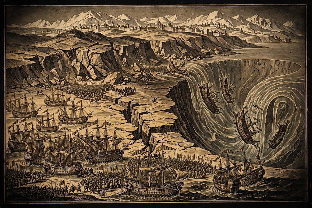 Gold engraving of a vast armada landing an army on a far western shore as the sea behind it opens into a chasm and the hills above collapse onto the soldiers.