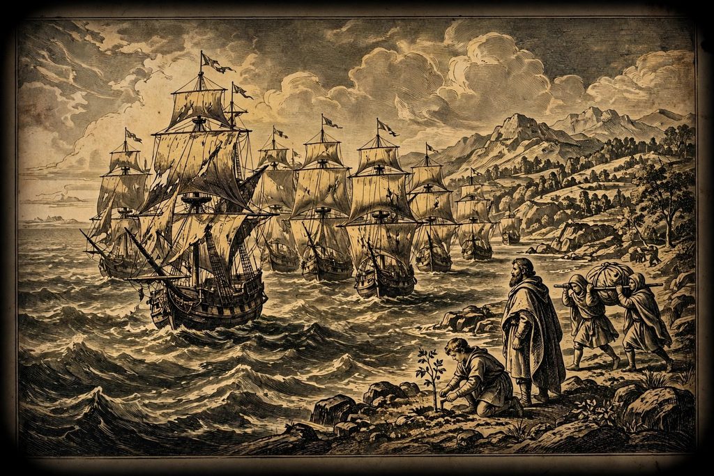 Gold engraving of nine storm-battered ships reaching a rocky coast, where a cloaked man looks back at the empty western sea while a younger man plants a sapling among the rocks.