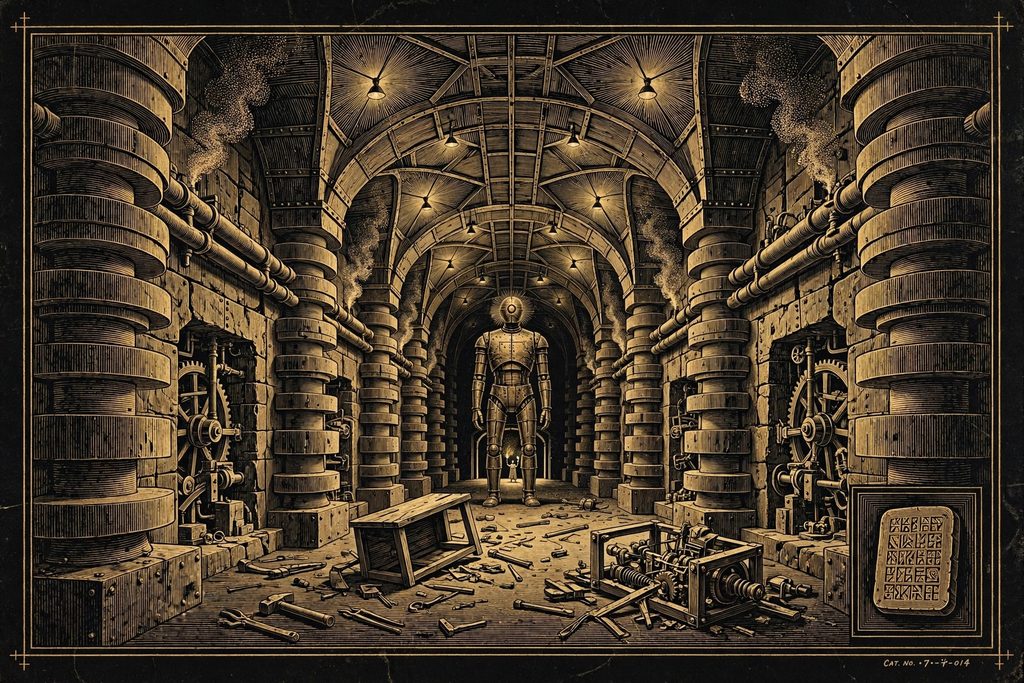 Engraved underground bronze hall with working machines, steam and a silent automaton, entered by a tiny figure with a torch.