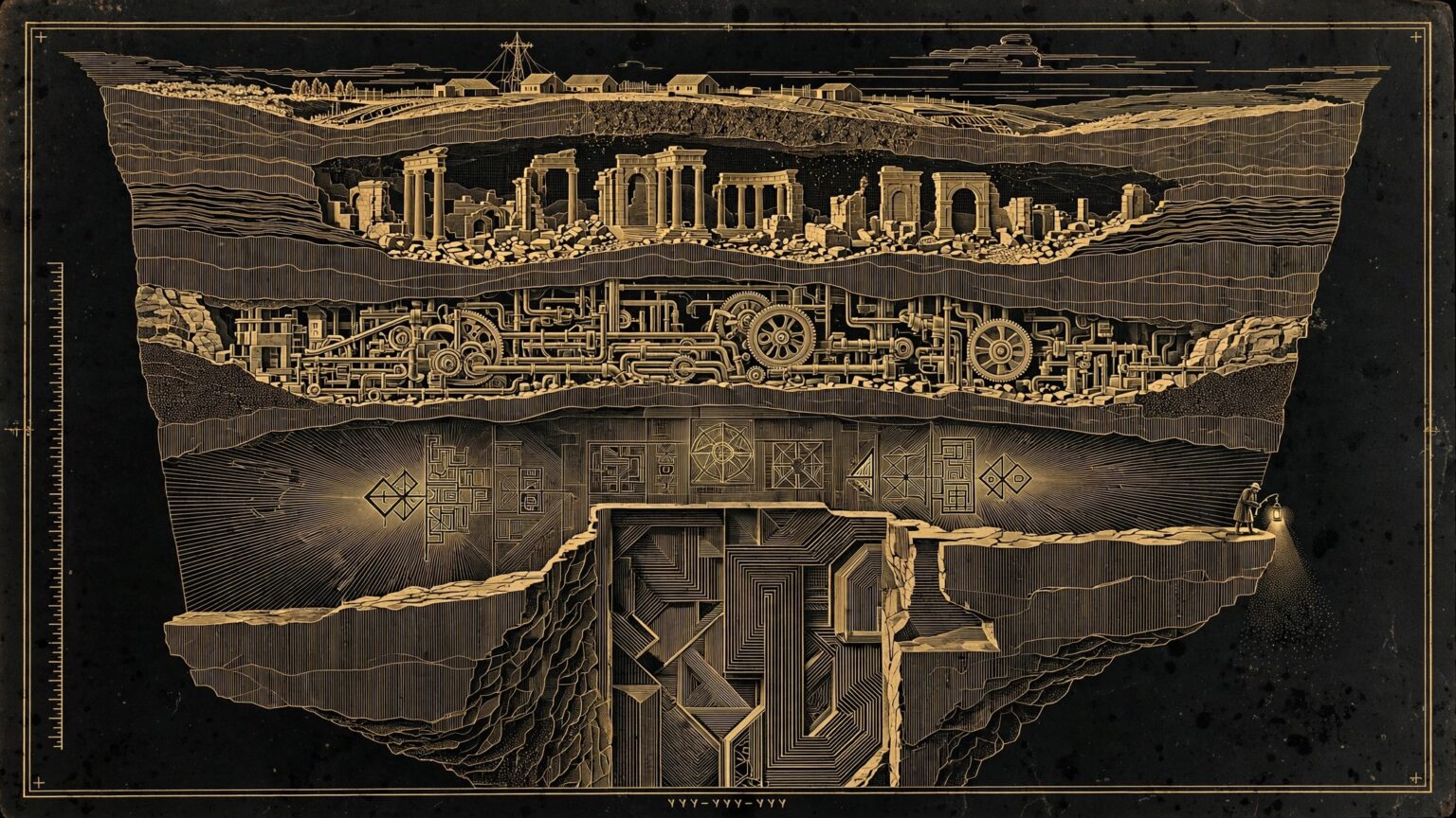 Engraved cliff cross-section with layers of ever older ruins beneath a small modern settlement, ending in a colossal sealed doorway.