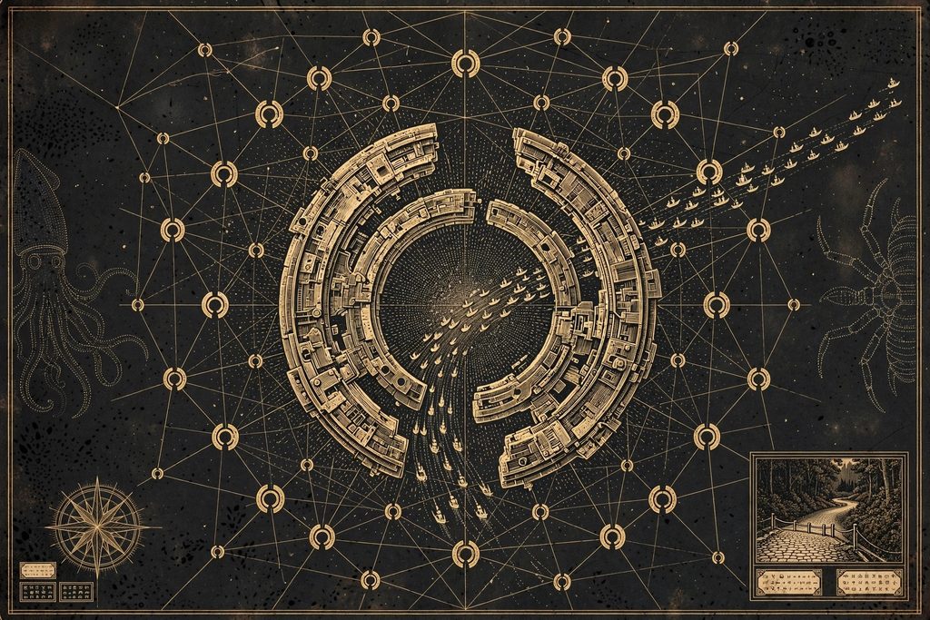 Engraved star chart of an ancient gateway network in space, with vast machine shapes waiting in dotted outline at its edge.