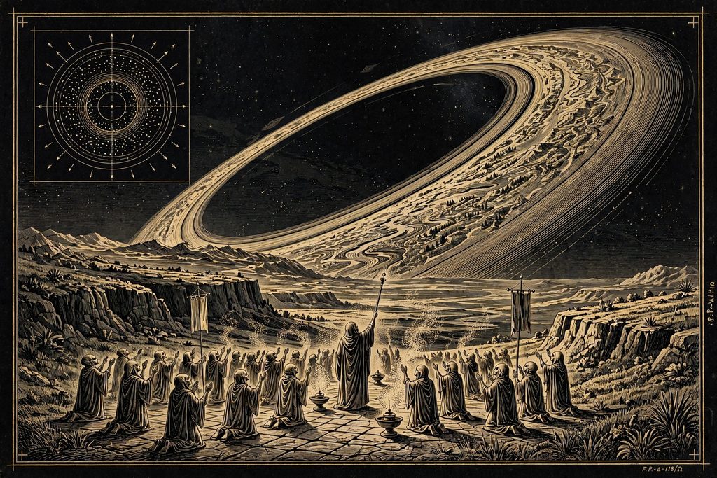 Engraved alien pilgrims kneeling in worship before a colossal ring-shaped world arcing across the sky, with an inset diagram of it as a weapon.