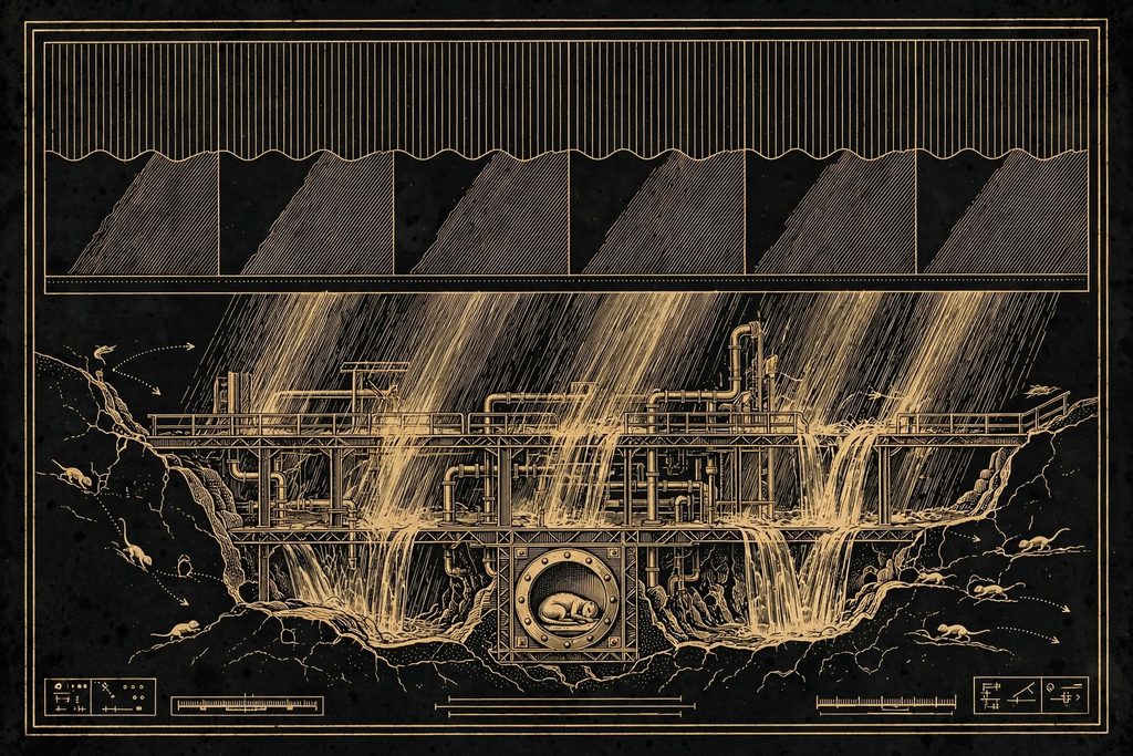 Engraved chart of repeating rain cycles above a cutaway of a small creature asleep in a sealed shelter while the ruins flood.