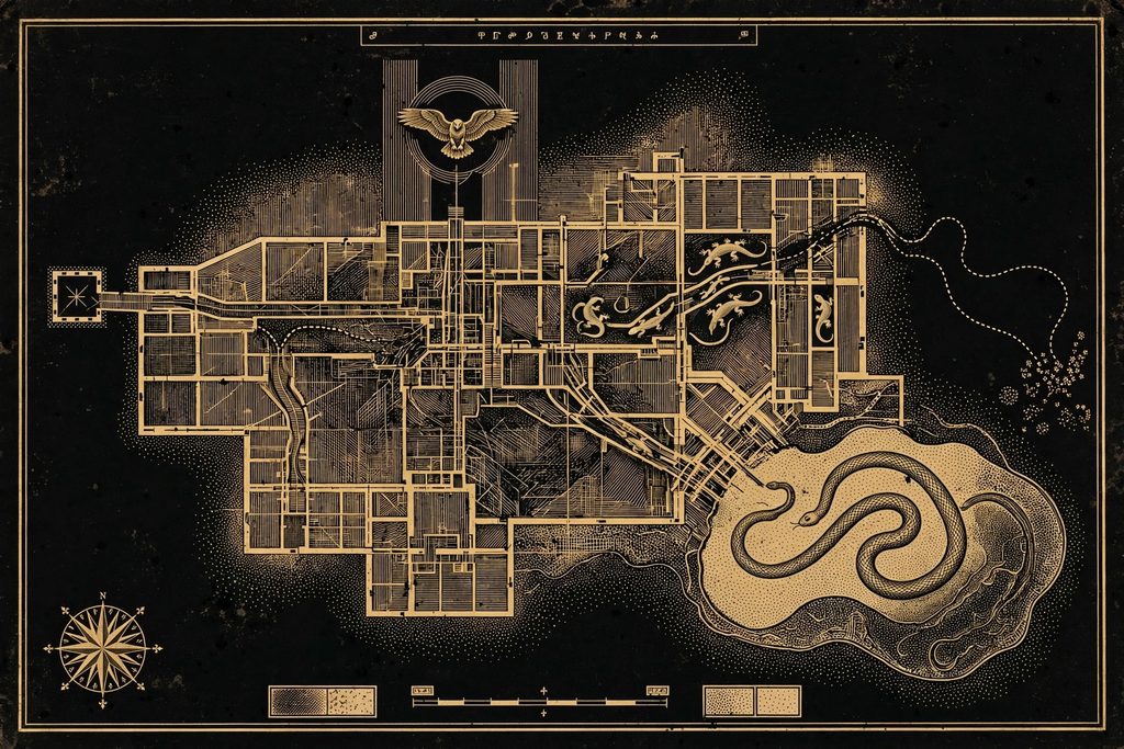 Engraved risk map of a ruined complex shaded by danger, with predator silhouettes and the winding route of a small creature.