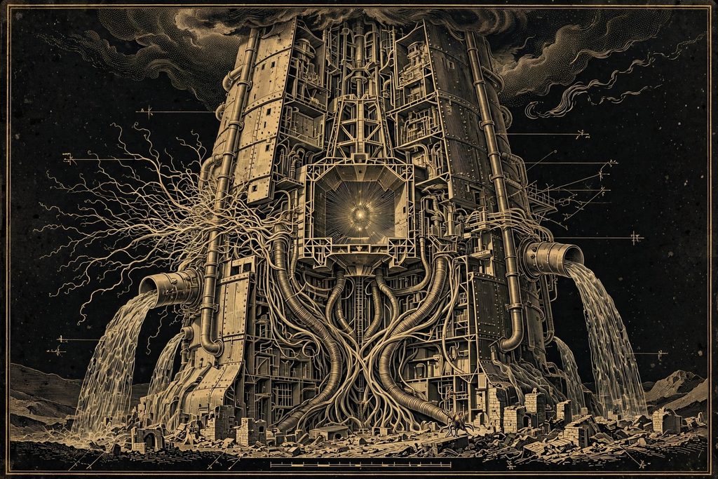 Engraved cutaway of a mountain-sized thinking machine with vast internal conduits, a pale growth spreading across its side.
