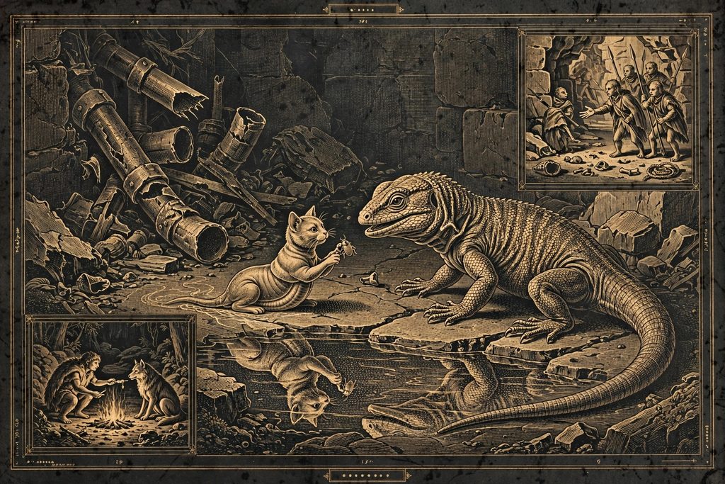 Engraved study of a small creature offering food to a wary lizard, with insets of tool-using guardians and an ancient hunter feeding a wolf.