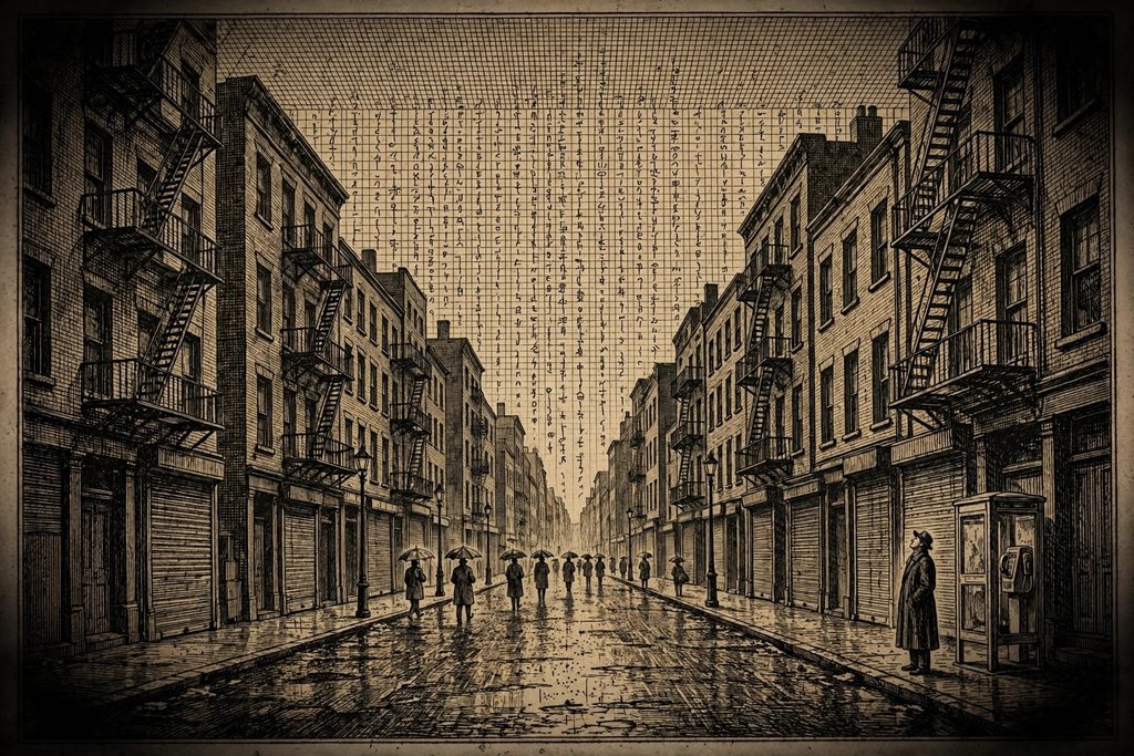 Gold engraving of a rainy city street where sleepers walk under umbrellas while one figure in a long coat stands by a phone booth beneath a sky drawn as a grid of falling symbols.