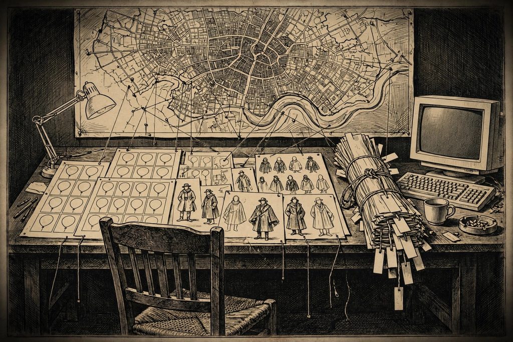 Gold engraving of a night-time writer's studio with storyboards, blank comic panels, tied manuscript chapters and a pinned city map connected by threads.