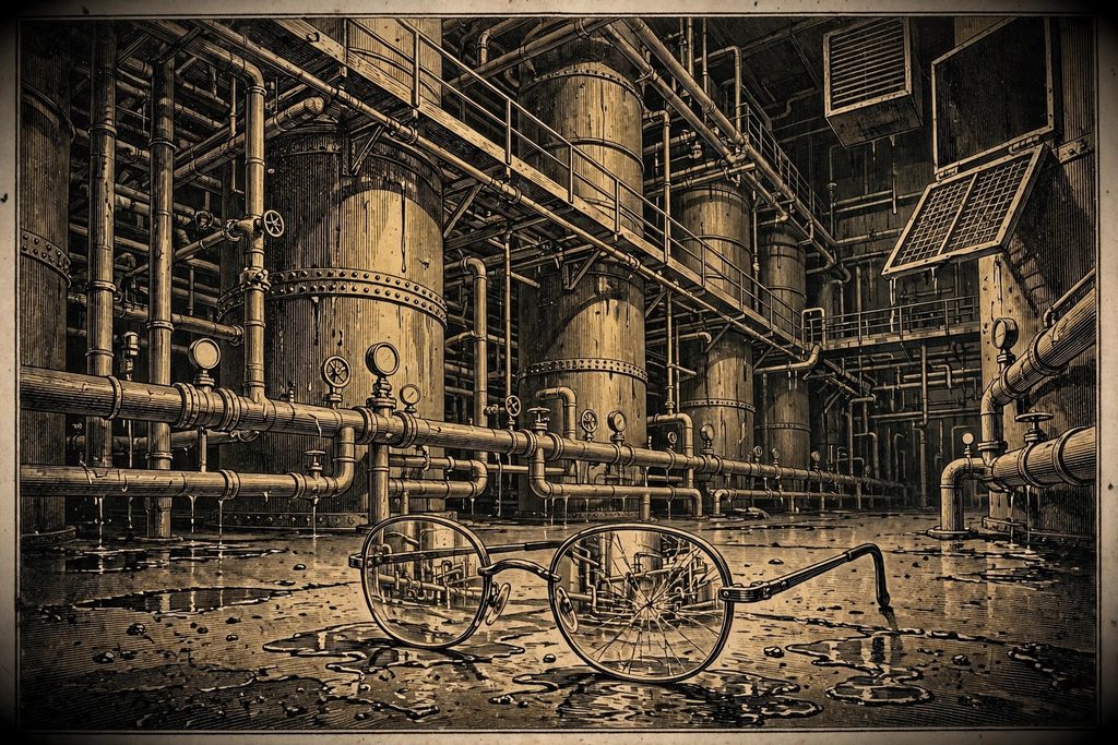 Gold engraving of an empty industrial water treatment plant with an open vent high on the wall and a pair of cracked dark glasses lying on the wet floor.