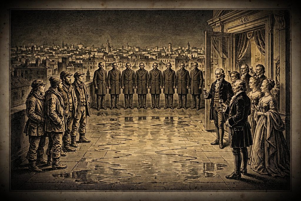 Gold engraving of three groups on a night rooftop, resistance fighters, identical men in dark suits and elegant aristocrats at a restaurant door, facing one another across an empty space.