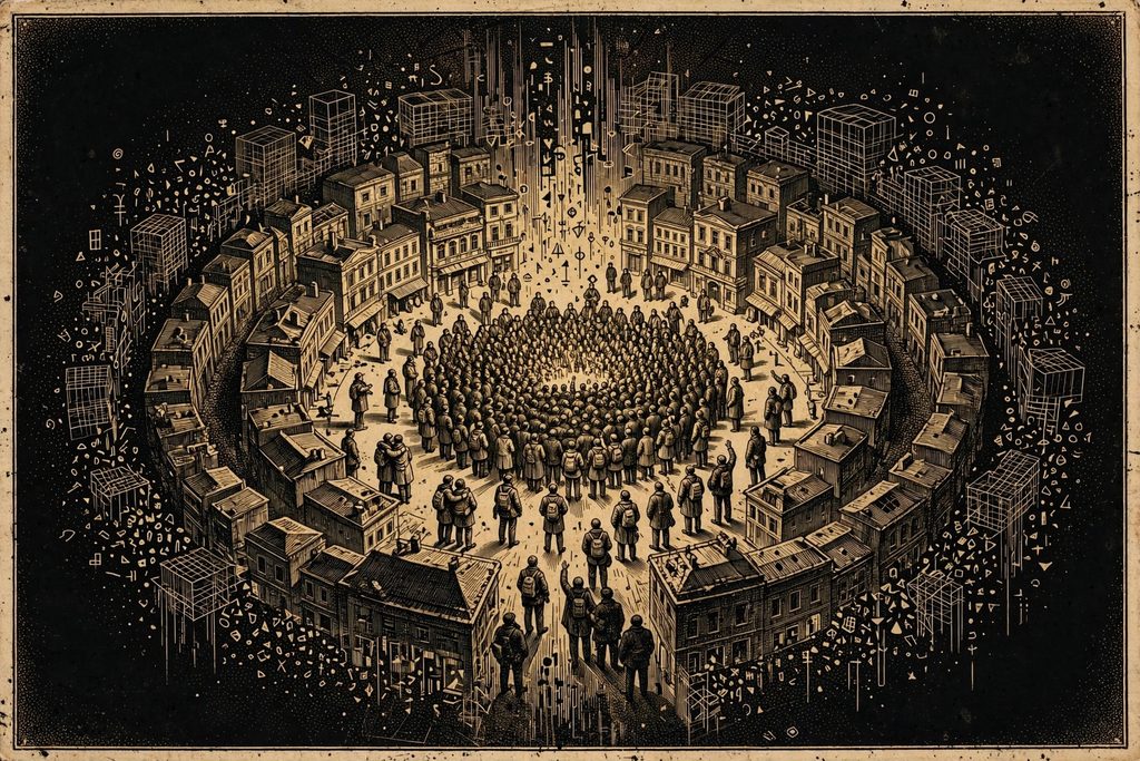 Gold engraving of a crowd gathered in a night plaza looking up as the surrounding city dissolves from the edges into bare grids and falling symbols.