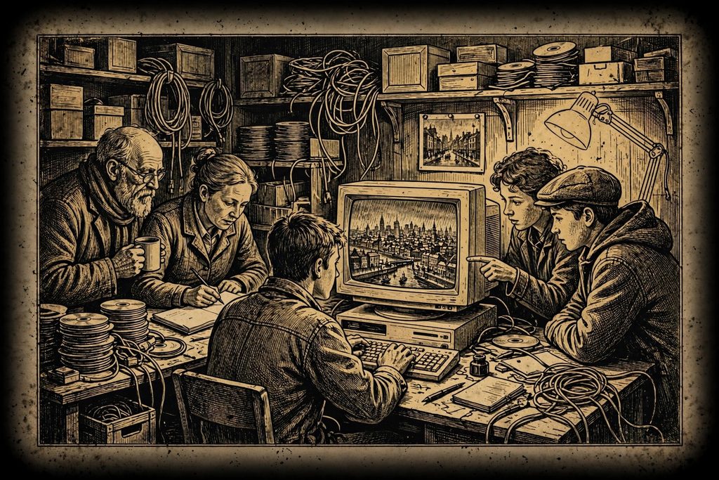 Gold engraving of a small group gathered at night around an old computer whose screen shows a miniature rain-swept city, surrounded by shelves of old games and discs.