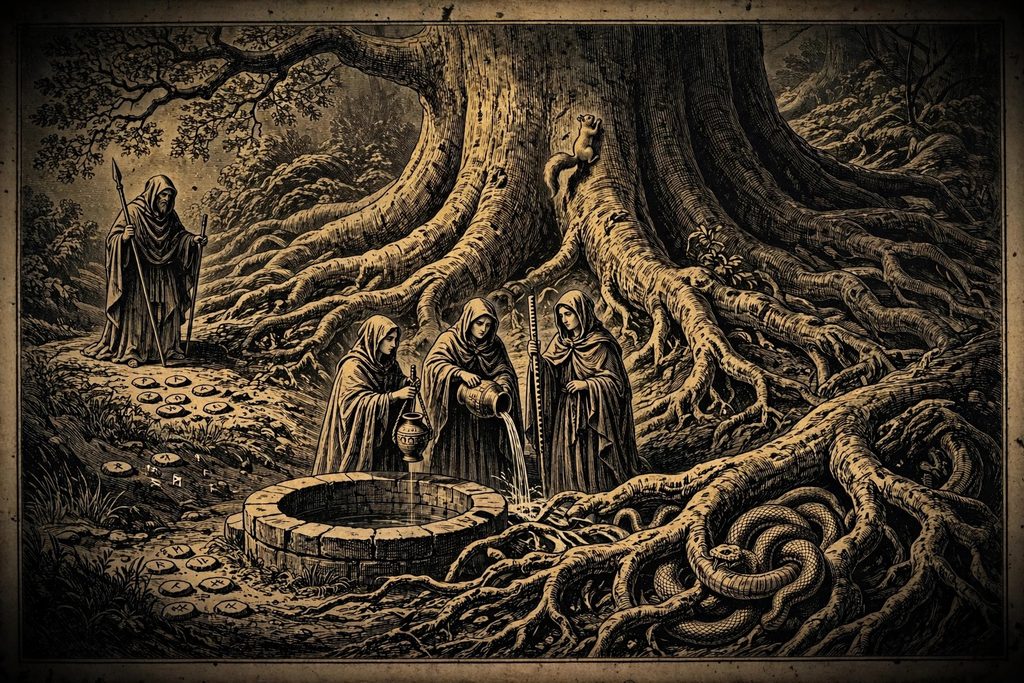 Gold engraving of three cloaked women watering the roots of a vast ash beside a well, while a serpent gnaws below and a wounded figure hangs from a high bough above scattered runes.