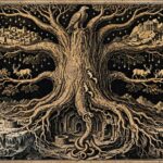 Gold engraving of a colossal cosmic ash tree with cities and stars in its branches and three underworld realms among its roots, an eagle at the top and a serpent gnawing below.