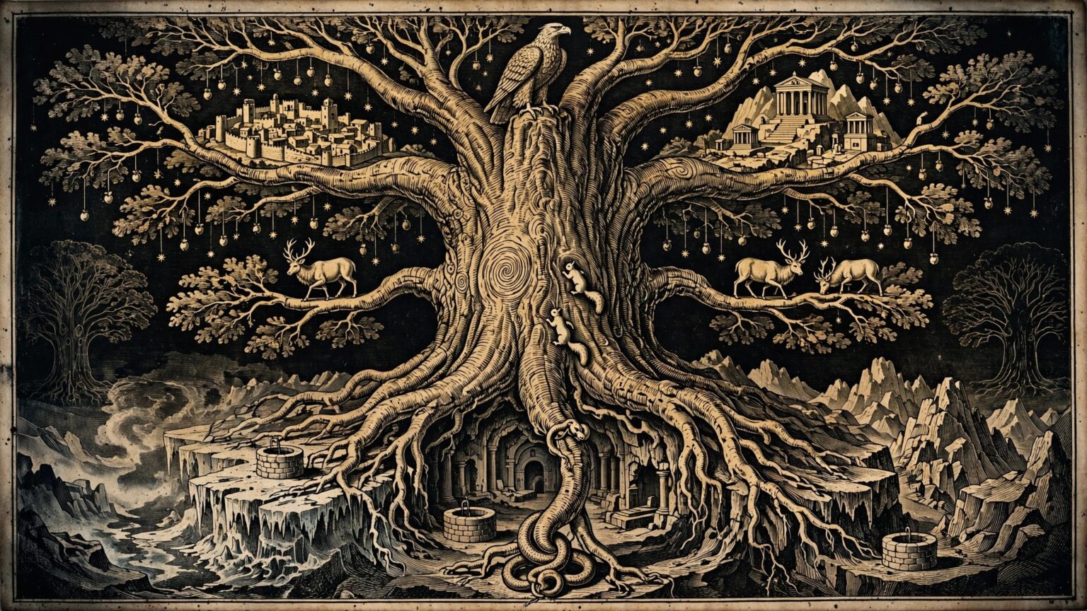 Gold engraving of a colossal cosmic ash tree with cities and stars in its branches and three underworld realms among its roots, an eagle at the top and a serpent gnawing below.