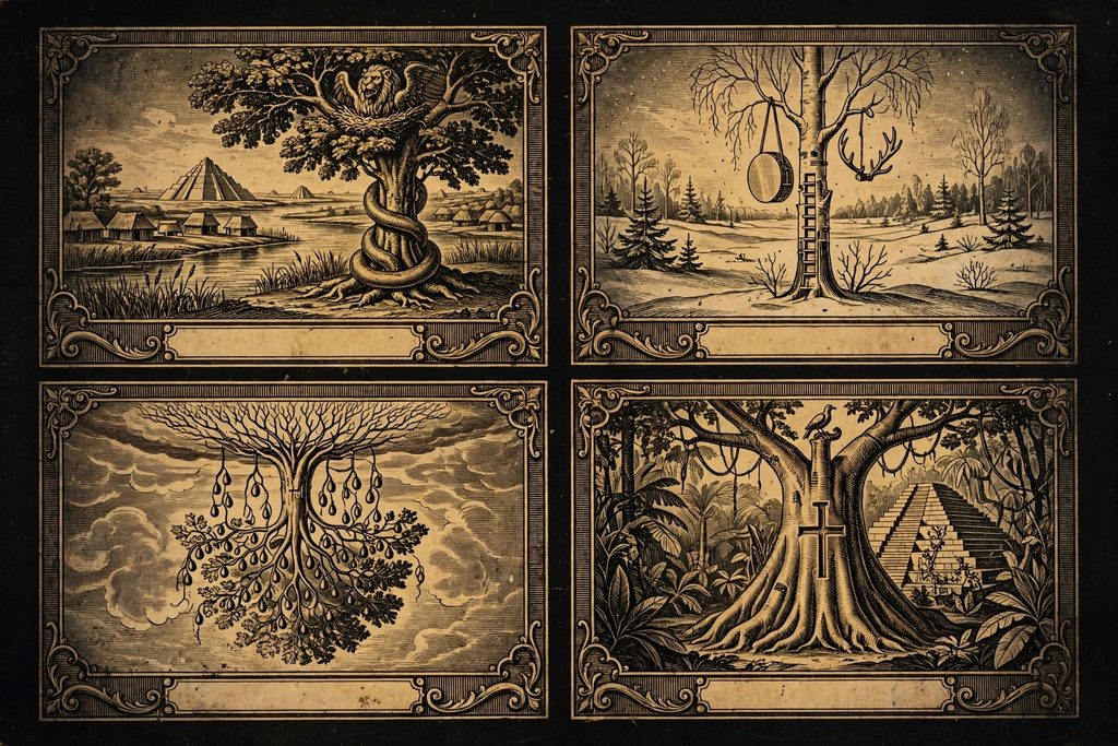 Gold engraving in four panels showing a Mesopotamian tree with serpent and bird, a notched shaman’s birch, an inverted fig tree in the sky and a cross-shaped ceiba before a pyramid.