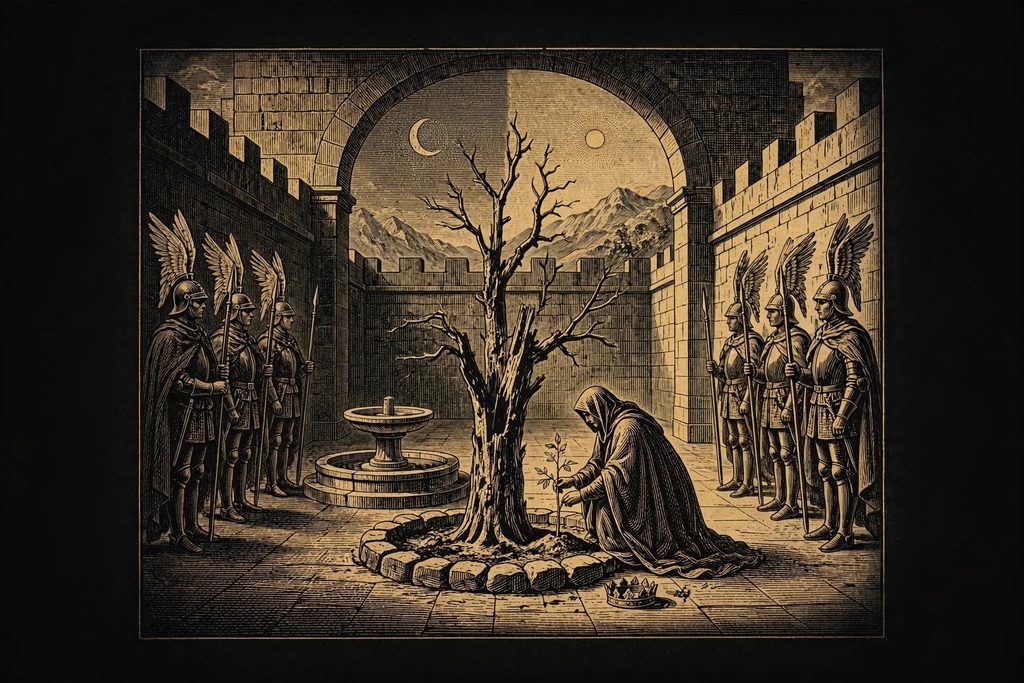 Gold engraving of a cloaked figure kneeling to plant a sapling beside a dead white tree in a stone citadel courtyard, with a small sun and moon in the sky above.
