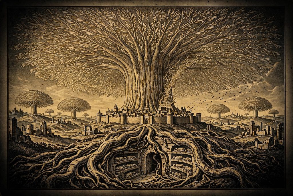 Gold engraving of a colossal tree filling the sky over a walled city, its roots plunging into a catacomb of wrapped bodies, as flames begin to climb one side of its trunk.