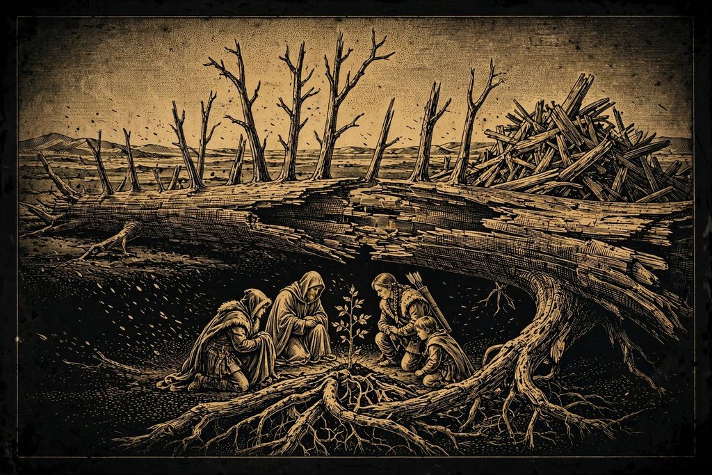 Gold engraving of a colossal fallen tree lying across an ashen plain, with figures from different cultures kneeling around a small green sapling rising among its torn roots.