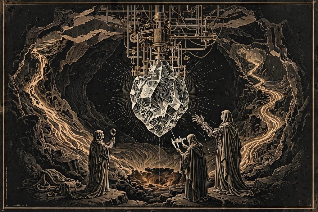 Engraved volcano interior where three robed figures holding a hammer, blade and gauntlet draw power from a giant suspended heart.