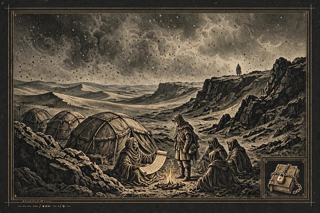 Engraved ash-waste camp where an old nomad woman reads a prophecy scroll to a stranger, watched by a distant temple guard.