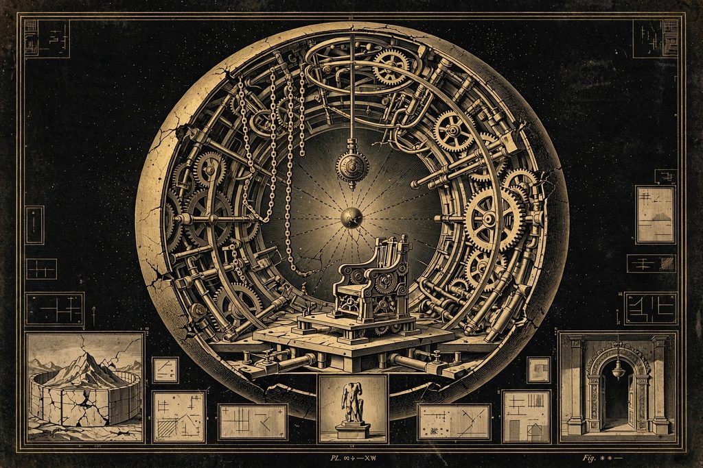 Engraved cutaway of a vast clockwork sanctum with stopped gears and an empty throne before a dimming core.