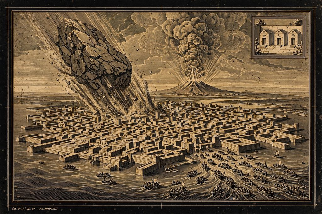 Engraved city in a lagoon as a giant rock falls from the sky and a volcano erupts, with refugee boats fleeing in the foreground.